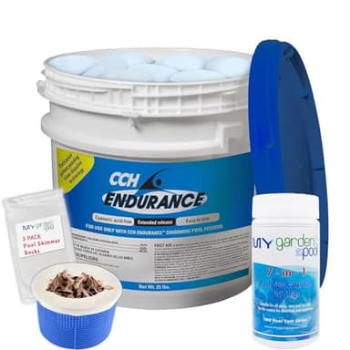Innovative Water Care CCH Endurance 3 Inch Calcium Hypochlorite Tabs, 25 lbs. with My Garden Pool Skimmer Socks and 7-in-1 Test Strips, Complete Pool Care Kit
