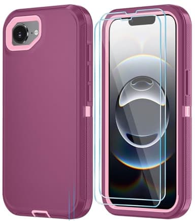 ouyncase Phone Case for iPhone 16e Case with HD Screen Protector, Heavy Duty Shockproof & DustProof & Dropproof 3-Layer Cover Phone Case for iPhone 16e,WineRedPink