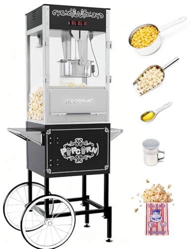 PopBria Commercial Popcorn Machine with Cart, Authentic 16oz Kettle Popcorn Maker Machine with Warming Deck, 1600W Large Popcorn Machine for Restaurant, Concession Stand, Carnival, School, Black