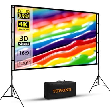 TOWOND Outdoor Projector Screen with stand, 120 inch Portable Movie Screen - 16:9 4K HD Foldable Anti-Crease Projection Screen with Carry Bag for Movie Nights, Camping and Parties Support Double Sided