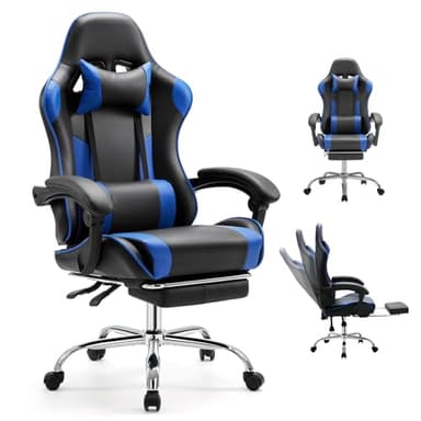 DUMOS Ergonomic Gaming Office Desk Chair with Linkage Armrests for Adults, Height Adjustable Computer Chair with Footrest and Headrest, PU Leather 360° Swivel Recliner with Lumbar Support, Deep Blue