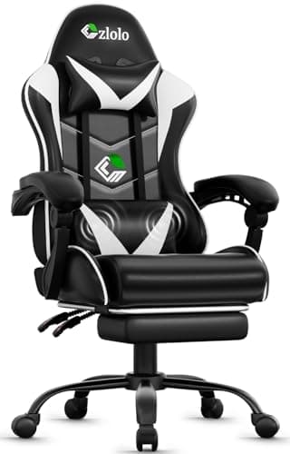 Czlolo Gaming Chair with Footrest Racing Style Lumbar Support Massager Video Game Chair with Metal Legs, High Back Reclining Gamer Chair with Headrest, 360° Swivel Office Computer Desk Chair (White)