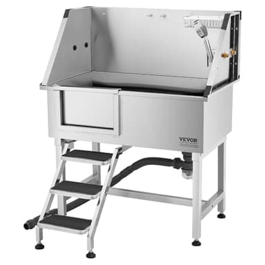 VEVOR 38 Inch Stainless Steel Dog Washing Station, Pet Grooming Tub with Hot & Cold Faucet, Showerhead, Home Wash Sink, Fits Small and Medium Cats and Dogs, Non-Slip Stairs (Left Door)