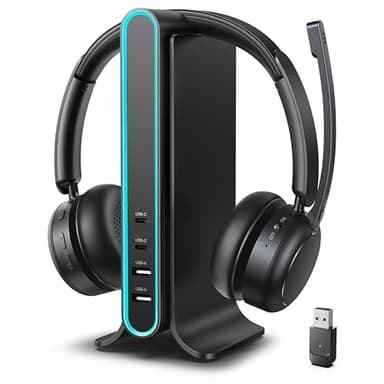 Bluetooth Headset, Wireless Headset with Mic for Work, Qualcomm Chipeset Dongle, V5.4 Headsets with Microphone for Work, Wireless Noise Cancelling Headphones Busy/Mute Light for PC Computer Office WFH