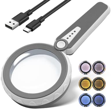 HUIBOER 45X Magnifying Glass with Light for Reading – Large 4.6" Rechargeable LED Magnifier with 6 Color Modes, 1200mAh Battery – Magnifying Glass for Seniors, Close Work, Hobbies