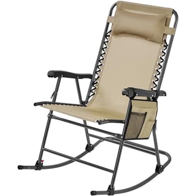Yaheetech 26in Rocking Chair Outdoor Zero Gravity Folding Chairs Rocking Chairs Foldable Outdoor Reclining Lounge Chair for Outside Lawn with Cupholder/Pillow Ergonomic Design for Rest, Beige