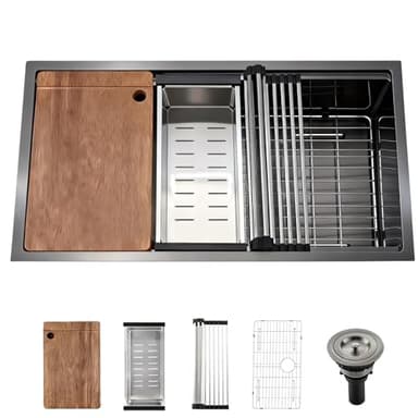 32 Inch Drop In Kitchen Sink, Stainless Steel Single Bowl Undermount Kitchen Sinks, Large Single Bowl Farmhouse Workstation Sinks, Brushed Nickel (Black, 3219)
