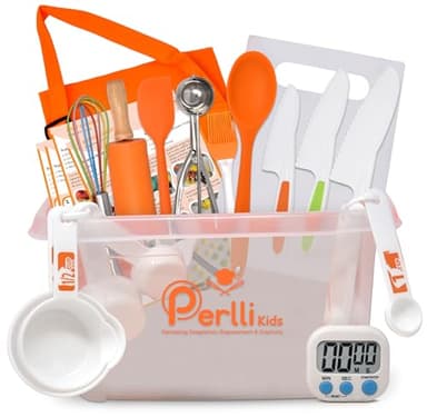 PERLLI Kids Real Cooking Set for Cooking and Baking – 31 Pc. Gift for Junior Chef with Real Utensils, Case & Safe Kids Knife Set for Boys & Girls – Fine Motor Skills & Fun for Children Ages 6+, Orange