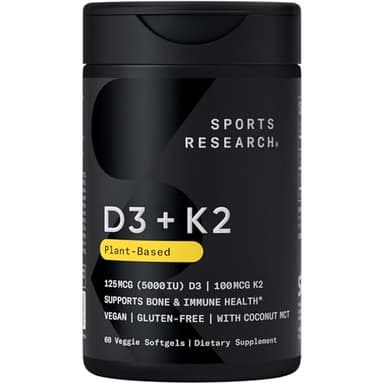 Sports Research® Vitamin D3 + K2 w/ Coconut Oil - Vegan Vitamin D 5000iu & Mk7 Vitamin K 100mcg for Bone & Immune Support - Vegan Certified · Non-GMO · Soy Free - 60 Softgels