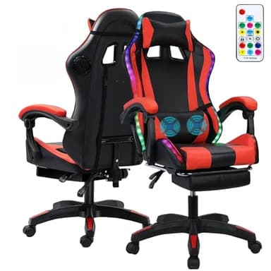 Gaming Chair with Bluetooth Speakers & Lights, Ergonomic High-Back Office Chair with Retractable Footrest, 360° Swivel Adjustable Computer Chair, Faux Leather Racing Style for Home Office & Gaming