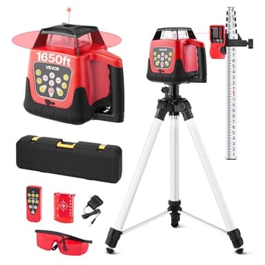 VEVOR Rotary Laser Level Kit, 1650ft 360-Degree Self Leveling Red Horizontal Laser Transit,with Tripod,Receiver,Remote Control, Scale,Toolcase, IP66 Waterproof, 0.80in/100ft Precision for Construction