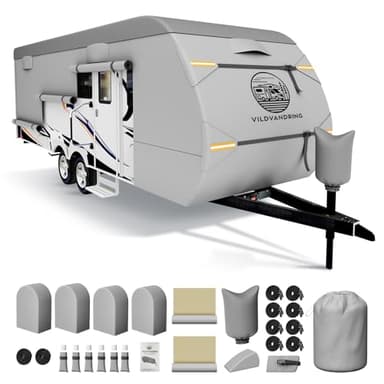 Travel Trailer RV Cover 18-20ft, Rv Trailer Cover Multi-Layer Breathable Rip-Stop Camper Cover with Water-Resistant Coating, Repair Kit, Gutter Protection, Tire Straps