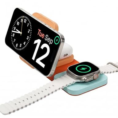 Mophie 3-in-1 Travel Charger with MagSafe for iPhone 17/16/15/14/13/12, Apple Watch, & AirPods – 15W Fast Wireless Charging Station – Premium Foldable Design with Travel Case & Adapters – Orange/Teal