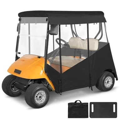SANXIACAR Golf Cart Enclosure 2 Passenger for EZGO TXT 2 Seater Open Front Windshield 3-Sided Clear Windows Waterproof Transparent Driving Rain Covers Roll-up Zipper Door Black (with Seat Blanket)
