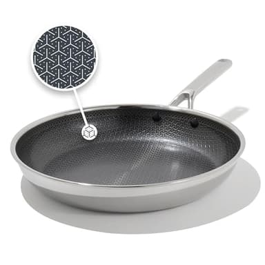 OXO Hybrid 12” Nonstick Stainless Steel Frying Pan, PFAS-Free Ceramic Skillet, Fusion Boost Tech for Powerful Searing, Induction & All Cooktop Compatible, Dishwasher Safe, Mirror Polished Tri-Ply