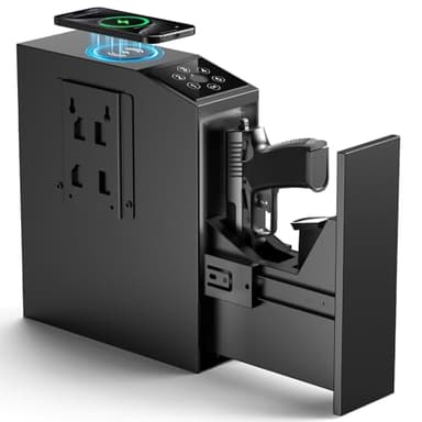 NIANPU Bedside Biometric Gun Safe for Handgun-Quick Access Pistol Safe with Fingerprint,PIN&Key-Sliding Gun Lock Box with Wireless Charging-Mounted Handgun Safe for Nightstand