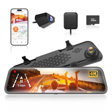 WOLFBOX G840S 12" 4K Mirror Dash Cam Backup Camera, 5.8GHz WiFi Smart Rearview Mirror for Cars & Trucks, Front and Rear View Dual Cameras, Night Vision, Parking Assistance, Included 32GB Card & GPS