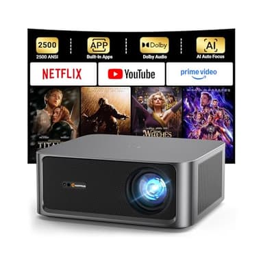 HAPPRUN 2500 ANSI Lumens Outdoor Projector with Built-in Streaming Apps, 4K Decoding Resolution, Dolby Audio, WiFi 6 and Bluetooth 5.2 for Indoor and Outdoor Home Theater
