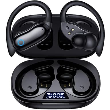 GNMN Active Noise Cancelling Ear Buds Wireless Earbuds 96hrs Playback Bluetooth Headphones Dual Battery Display Stereo Bass Earphones with Earhooks Microphone IPX7 Waterproof for Sports/Runing/Workout