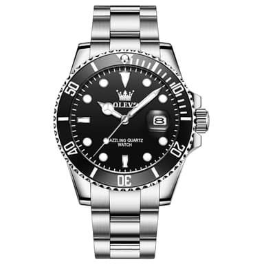 OLEVS Silver Watches for Men Black Stainless Steel Watch Big Face Analog Classic Diver Watch for Men Waterproof Rotatable Bezel Calendar Men's Dress Watches Silver Bracelet,Reloj para Hombre