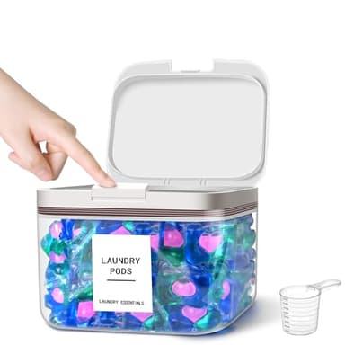 MUVEKA 94oz/2.8L Laundry Pods Container for Room Organization, Pod Up Holder With 30 Labels and Scoop, Detergent Powder Container, Dryer Sheet Holder, 150 Pods