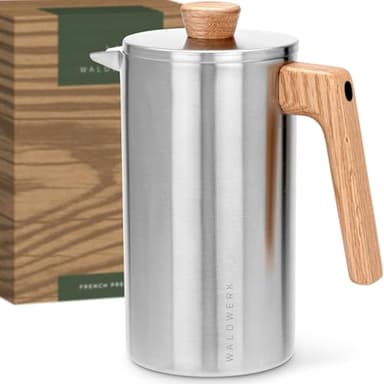 WALDWERK French Press (34 oz) - Stainless Steel Double Wall French Press Coffee Maker - Plastic Free Coffee Press with Oak Wood Handle - Insulated Stainless Steel Coffee Maker