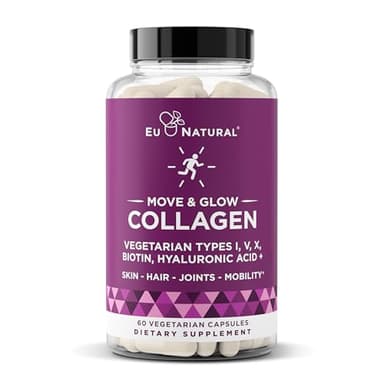 Move & Glow Collagen Pills for Women & Men - Vegetarian Multi-Collagen (Type I-V-X) with 9 Plant-based Superfoods for Skin Health & Joint Support - Biotin, Vitamin C, Vitamin E, 60 Vegetarian Capsules