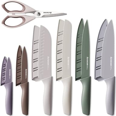 Astercook Knife Set, 13 Pieces Kitchen Knives Set with Healthy Anti-Rust Coating, Dishwasher Safe, Stainless Steel Chef Knife Sets with 6 Blade Guards, Perfect Mothers Day Gifts for Kitchen Morandi