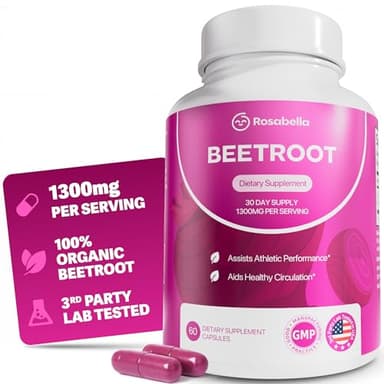 Rosabella Organic Beet Root Capsules - 1300mg Beet Root Powder Aids Healthy Circulation & Vitality, Non-GMO, Beet Root Supplement - 60 Capsules, 30-Day Supply