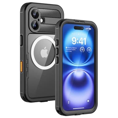 Lanhiem Magnetic for iPhone 16 Case, IP68 Waterproof Dustproof Case, [Compatible with Magsafe] [Built-in Screen Protector] Full Body Heavy Duty Rugged Phone Cover 6.1 inch, Black/Clear