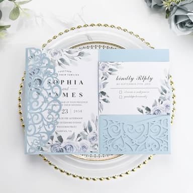 Wedding Invitations with Envelopes and RSVP Cards, Light Blue Laser Cut Invitation Pocket Blank Invitations with Envelopes and Stickers, Bridal Shower Card Birthday Party Invites Custom 50 PCS