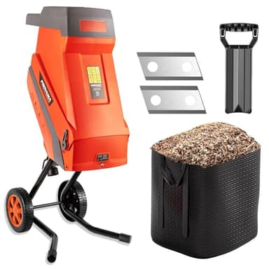 PROYAMA 15 - Amp Electric Wood Chipper, Corded Shredder with Collection Bag and Push Stick, Double Sided Blade System, Auto Shut - Off, 1.7 Inch Cutting Capacity for Leaves, Grass, Clippings