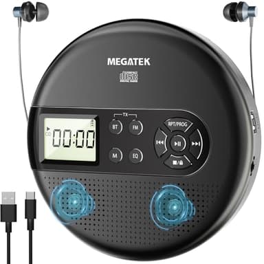 MEGATEK CP27BR Portable CD Player Bluetooth for Car with FM Transmitter, USB, AUX, LCD Display, Anti-Skip, Stereo Speakers, Headphones & Rechargeable Battery – Black