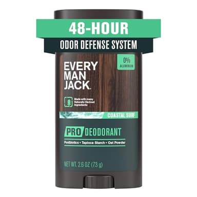 Every Man Jack Men's Pro Deodorant - 48-Hour Odor Defense Blend - Aluminum Free - Contains Postbiotics, Tapioca Starch & Oat Powder - Coastal Surf Scent - 2.6 oz - 1 Pack