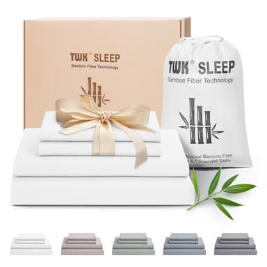 TWK Luxury Sheet Set, Genuine 100% Organic Viscose Derived from Bamboo, Cooling & Breathable, Silky Soft, Bedding Sheets & Pillowcases (White, Queen)