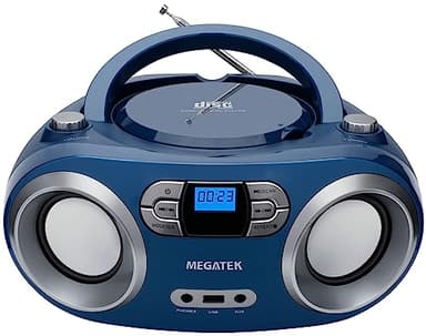 MEGATEK Portable CD Player Boombox with FM Radio, Bluetooth, USB Port, AUX Input, and Headphone Jack – CD-R/CD-RW/MP3-CD Compatible, Clear Stereo Sound, Backlit LCD Display – Blue Jay