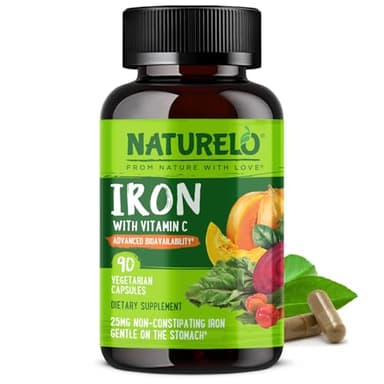 NATURELO Vegan Iron Supplement with Vitamin C and Organic Whole Foods - Gentle Iron Pills for Women & Men with Iron Deficiency Including Pregnancy, Anemia and Vegan Diets - 90 Mini Capsules