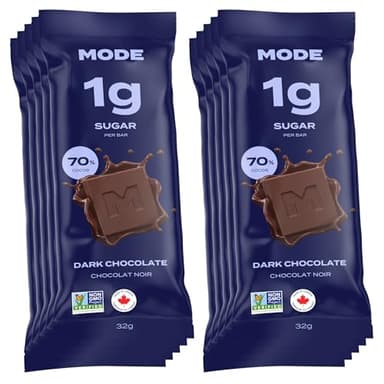 Mode Dark Chocolate Bar - Low Sugar, 70% Cocoa, 1g Sugar per Bar, Naturally Sweetened with Monk Fruit, No Added Sugar, No Sugar Alcohols, Keto Friendly, Gluten Free, Non-GMO - 10 Pack