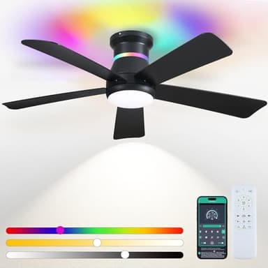 Surtime 46" Black Ceiling Fans with RGB Lights - Flush Mount Ceiling Fan Light with LED 3CCT Dimmable, Modern Low Profile Ceiling Fans for Indoor Party,Covered Outdoor