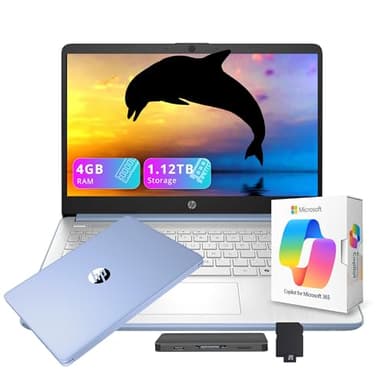 HP Flagship 14" HD Student&Business Laptop with AI Copilot, 13th Gen Intel 4-Core, 4GB RAM, 1.12TB Storage (128GB UFS + 1TB Docking Station), 1 Year Office 365, Wi-Fi 6, Win 11 S, Sky Blue