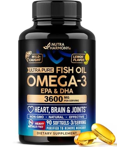 Omega 3 Fish Oil 3600 mg - Omega 3 Supplement | EPA & DHA - Heavy Metals Free - Heart, Brain & Joint Support - Purified Fish Oil for Men & Women - Lab Tested - Lemon Flavored - 90 Softgels