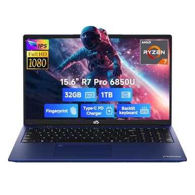 NIMO 15.6" FHD Light-Gaming-Laptop, 8 Cores AMD Ryzen 7 Pro 6850U 32GB LPDDR5 RAM 1TB SSD (Beat i7-1360P Up to 4.7GHz) GPU AMD Radeon 680M IPS Computer with 100W Type-C Backlit Keyboard Fingerprint