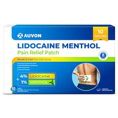 AUVON Max Strength Lidocaine OTC Pain Relief Patches (10 Count), 4% Lidocaine & 1% Menthol Penetrate for Fast, Targeted Relief of Back, Shoulder, Neck & Joint Pain, Adhesive Secure Patches Included
