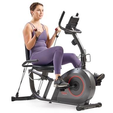 Sunny Health & Fitness Smart Recumbent Bike w/Workout Bands, 300LB Capacity Compact Equipment for Indoor Full-Body Exercise, Adjustable Cushion Seat for Seniors Home Cardio Training, Free SunnyFit App