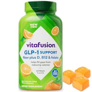 Vitafusion GLP-1 Support Fiber Plus Vitamins D, B12 and Folate Gummy Vitamins, Citrus Flavor, Sugar Free, 90 Count, 30 Day Supply
