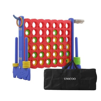 UNICOO Giant 4-in-a-Row Game with Carry Bag, 3-in-1 Jumbo 4-to-Score Outdoor Yard Game with Basketball Hoop, Ring Toss, Quick-Release Slider, 42 Rings, Family Party Game for Kids & Adults