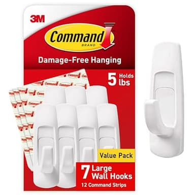 Command 5 lb Large Utility Hooks, 7 Hooks and 12 Strips, Damage-Free Hanging Wall Hook with Adhesive Strips, No Tools Required, Great for Home Kitchen Office Organization