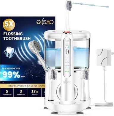 OILSAO Electric Toothbrush with Water Flosser, Advanced 2.0 Flossing Toothbrush Combo in One with 5 Brush Modes & 3 Floss Speeds,500 ML Cordless,for Adults,Teeth, Gums, Braces, Dental Care,White
