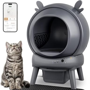 FurryKiddy Automatic Self Cleaning Litter Box, Cat Litter Box with APP Control, 65L Globe & Dual Safety Sensors, Robot Litter Box, 1 Roll Garbage Bags and Litter Mat, <35DB, for Multiple Cats, Grey