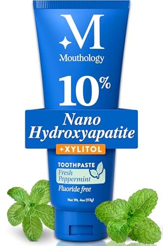Mouthology 10% Nano Hydroxyapatite Toothpaste (Fluoride Free), Whitening*, Rod Shaped nHa, Xylitol Toothpaste for Adults, Enamel Care*, Sensitive Teeth*, SLS Free, Mint 4oz (USA Made)